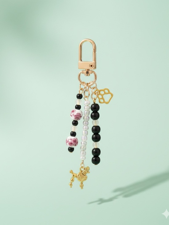 Handmade Accessories - Poodle Handmade Beaded Bag Charm Keychain with Pink Floral Detail
